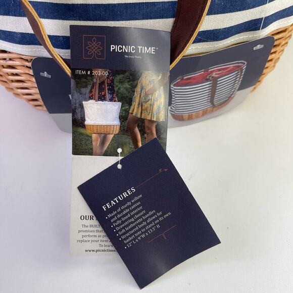 Picnic Time Coronado Canvas and Willow Basket Tote Navy Blue White Striped - Picture 6 of 16